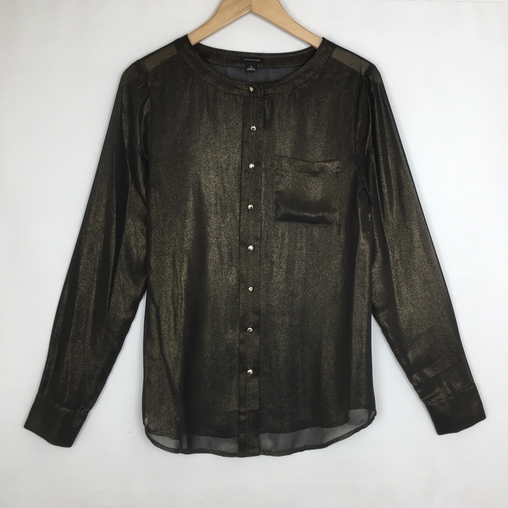 Ann Taylor Blouse Button Down Top Black & Gold Sheer Shimmer Women’s Sz 4 Witchy